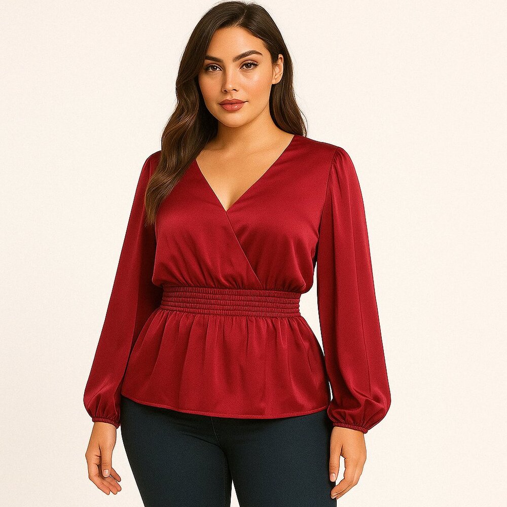 Vince Camuto (NWOT) Red Satin Peplum Blouse Long Sleeve Smocked Waist XS